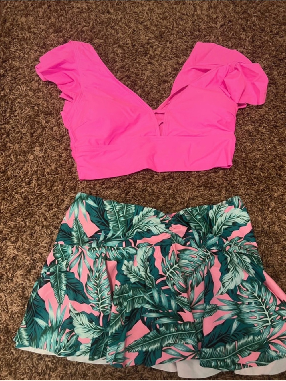 SHEIN Pink Ruffle Sleeve Bikini Top with Tropical Leaf Skirted Bottom